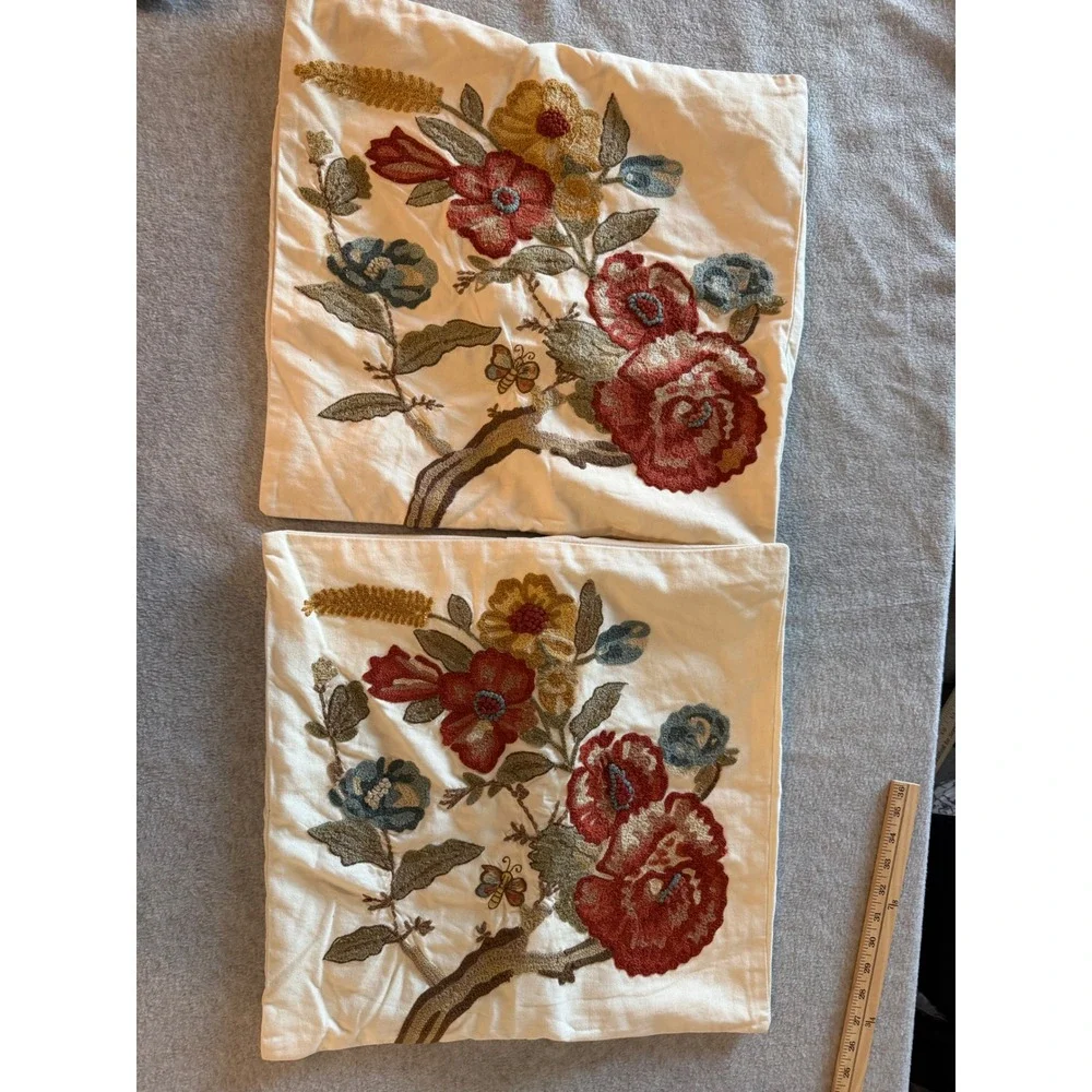 Pottery Barn Set 3 Crewel Embroidered Floral Bee Pillow Covers 18x18 2011
